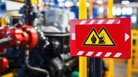 Industrial noise hazard sign near operating generator and engine room barrierの素材