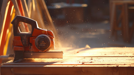 Industrial-grade power saw placed on sawhorse in dusty construction zoneの素材