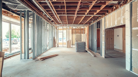 Interior framing of commercial building under construction with metal studs, wiring, and ductwork exposedの素材