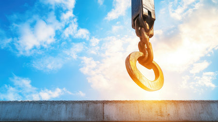 Industrial crane arm with hook lowering load onto reinforced concrete slabの素材
