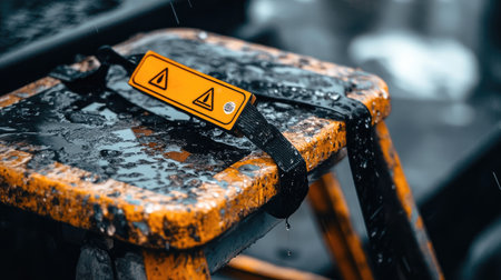 Ladder secured with strap and placed on firm level surface with caution signの素材