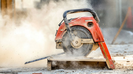 Industrial-grade power saw placed on sawhorse in dusty construction zoneの素材