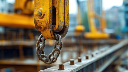 Industrial crane arm with hook lowering load onto reinforced concrete slabの素材