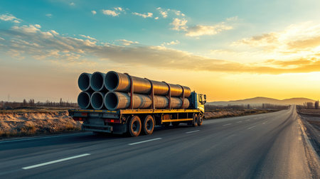 Industrial flatbed truck loaded with concrete pipes ready for deliveryの素材