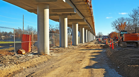 Massive concrete support pillars for a new overpass surrounded by equipment and temporary fencingの素材