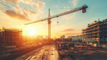 Mobile crane with extended boom beside steel structure at large construction zoneの素材