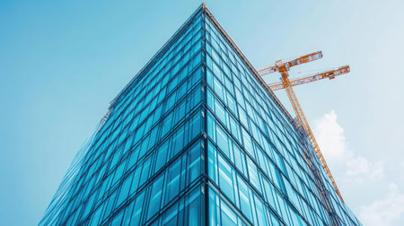 Modern office building under construction with crane crossing above blue horizonの素材