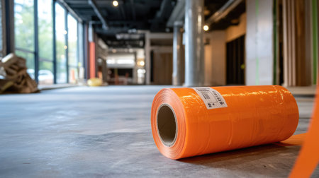 Roll of barrier tape on site floor with safety instructions visible on nearby postの素材