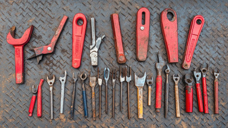 Pile of rebar cutters and bending tools laid out on steel deckの素材