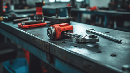 Mounted vise, wrench, and tape on steel workbench in industrial shopの素材