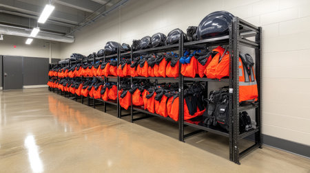 PPE storage rack lined with helmets, vests, and ear protection in safety zoneの素材