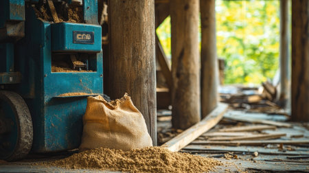 Sanding machine with bag of sawdust placed beside wooden columnsの素材