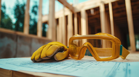 Protective gloves and goggles next to blueprint on wooden workbench in construction zoneの素材