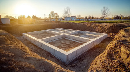 Precast concrete panels arranged beside open pit, prepared for wall installation on industrial siteの素材