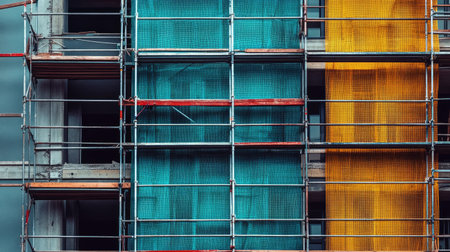 Safety netting and scaffolding covering multiple floors of residential building projectの素材