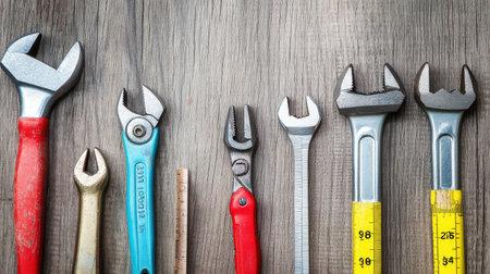 Set of construction tools including wrench, pliers, and tape measure neatly arranged on wooden surfaceの素材
