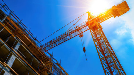 Skyward view of towering crane and unfinished building faade on clear dayの素材