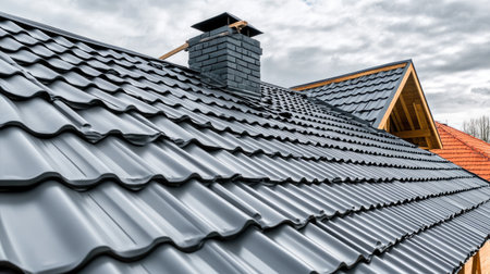 Sheet metal roofing being installed on a structure under construction with cloudy skies overheadの素材