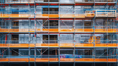 Safety netting installed beneath high scaffolding on building siteの素材