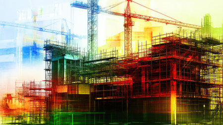 Smart site with scaffold structures and overlaid charts, graphs, and energy optimization dataの素材