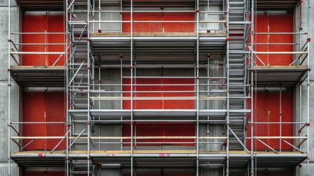 Steel scaffolding reaching upper levels of a concrete structure with safety nets in placeの素材