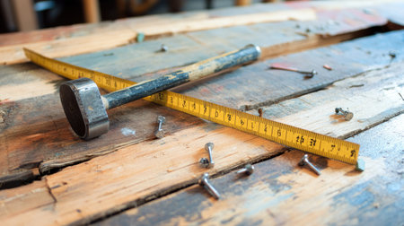 Tape measure extended across plank wood surface with nails and hammerの素材