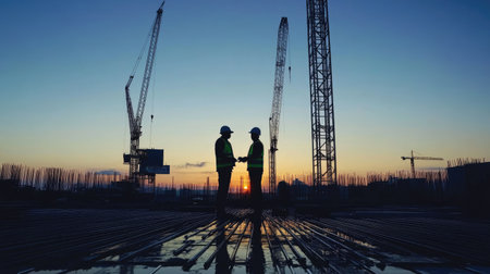 Steel rebar framework and crane silhouette with clear morning sky as backdropの素材