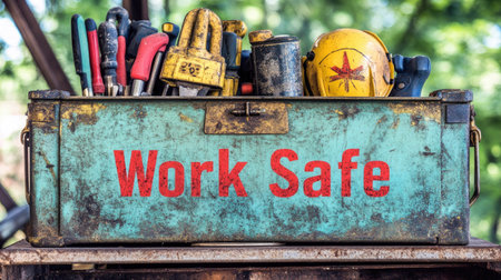 Toolbox with PPE items and Work Safe message sticker on topの素材