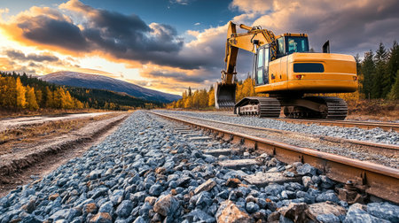 Tracked excavator working alongside gravel path under partly cloudy skyの素材