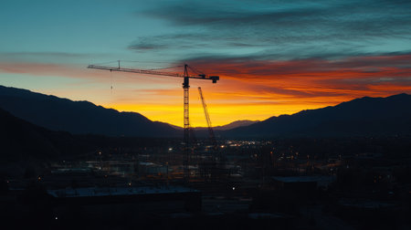 Tower crane silhouette operating over busy industrial site during sunrise, showcasing heavy constructionの素材