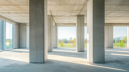 View across unfinished concrete floor of multi-story building showing metal support columns and wiringの素材