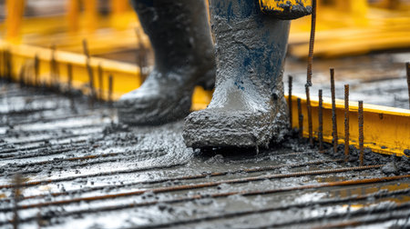 Wet concrete surface being smoothed by machine surrounded by steel rods and yellow formworkの素材