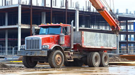 Truck-mounted crane lifting concrete slab at industrial construction facilityの素材