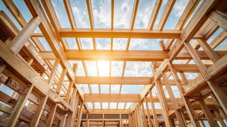 Wood framing structure of a new house showing beams, joists, and roofing layout under bright skyの素材