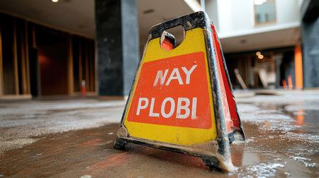 Wet floor sign placed in temporary indoor construction site entranceの素材