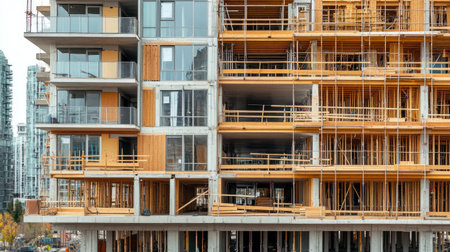 Wooden planks and safety netting form temporary walkways on a high-rise site under active developmentの素材