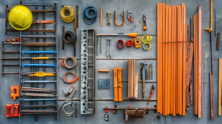 View of construction site with scaffolding tools, clamps, and planks laid outの素材
