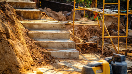 Worksite with concrete staircase under assembly beside scaffold and power tools on groundの素材