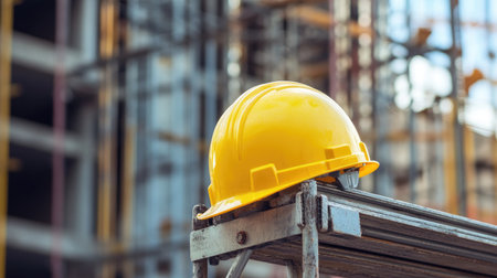 Yellow hard hat and reflective vest placed on metal scaffold at secure construction siteの素材