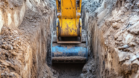 Trench roller compacting narrow excavation zone for underground utilitiesの素材