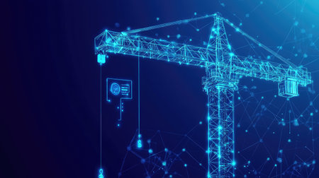 Tower crane with digital tech symbols showing cloud collaboration and AI-driven task flowsの素材