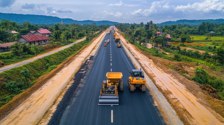 Wide-angle shot of highway under construction with bulldozers and rolling machines in useの素材