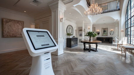 Automatic check-in kiosk in hotel lobby with touchscreen interfaceの素材