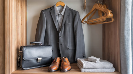 Clean wardrobe interior with suit, briefcase, and polished shoes in hotel roomの素材