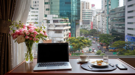 City view from hotel window with table setup including laptop, coffee, and smartphoneの素材