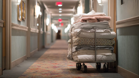 Clean and folded linens stacked on housekeeping cart in hotel hallwayの素材