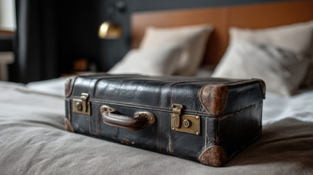 Business travel suitcase placed beside a neatly made bed in an urban hotel suiteの素材
