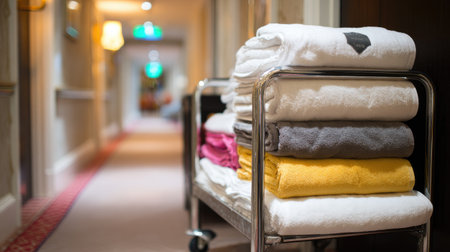 Clean and folded linens stacked on housekeeping cart in hotel hallwayの素材