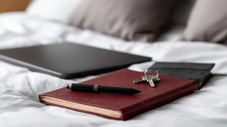 Business traveler's essentials neatly arranged on a hotel room desk laptop, planner, pen, and room keyの素材