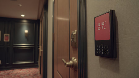 Close-up of key card access panel on hotel room door beside do-not-disturb signの素材